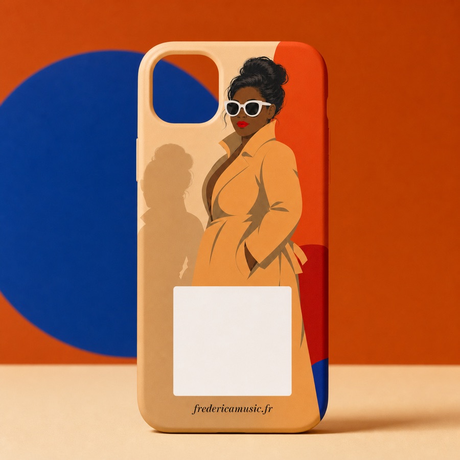 Coque Frederica avec portrait et QR code vers fredericamusic.fr