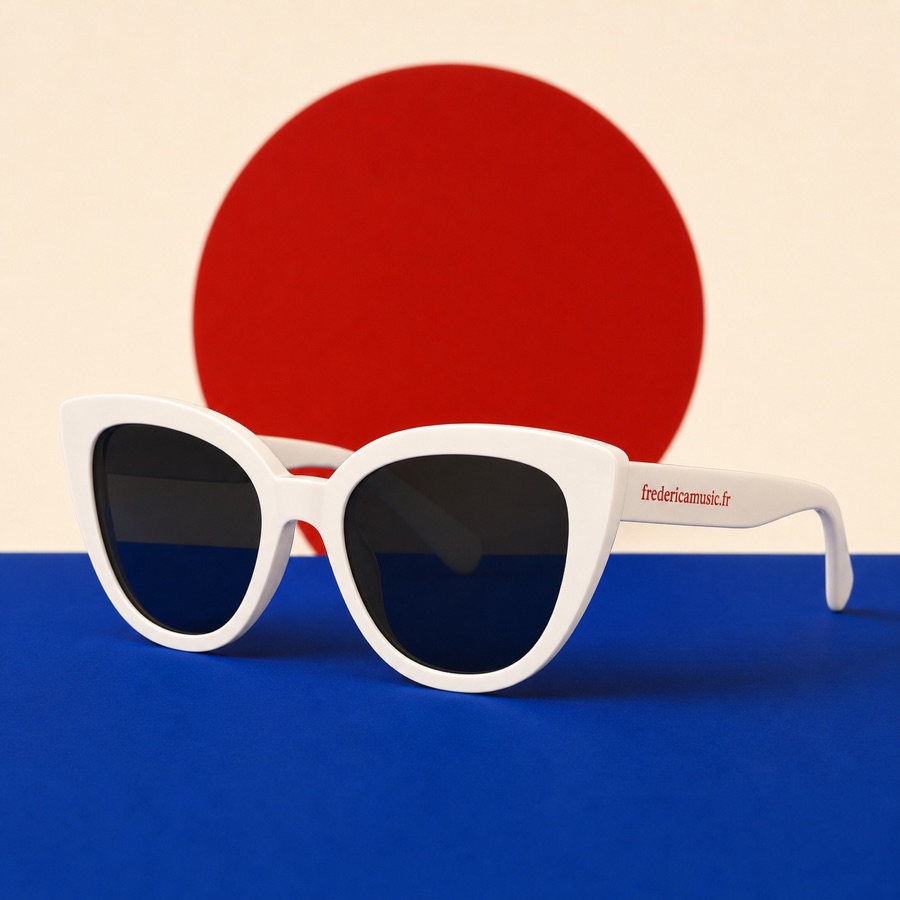 Lunettes blanches Frederica avec fredericamusic.fr sur la branche