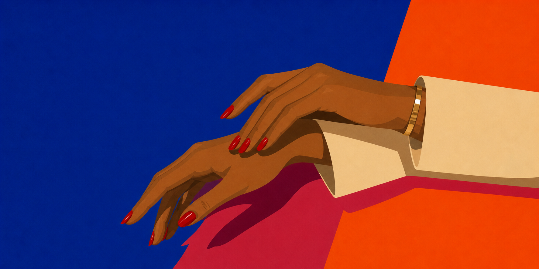 Gros plan artistique sur les mains et les ongles rouges de Frederica