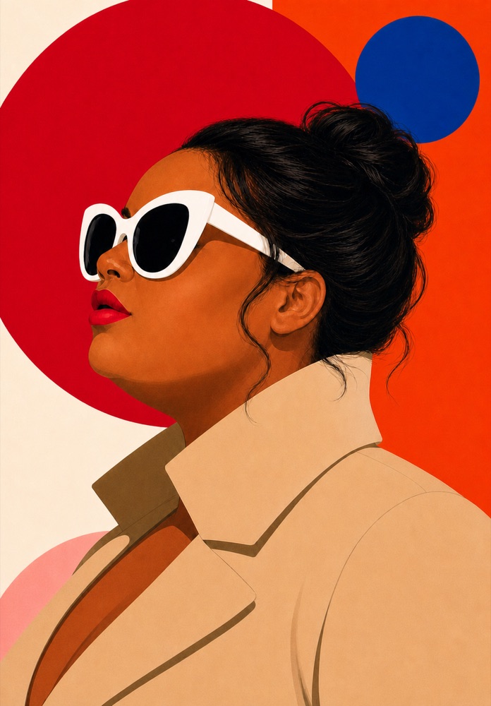 Frederica de profil, chignon libre, lunettes blanches et rouge à lèvres