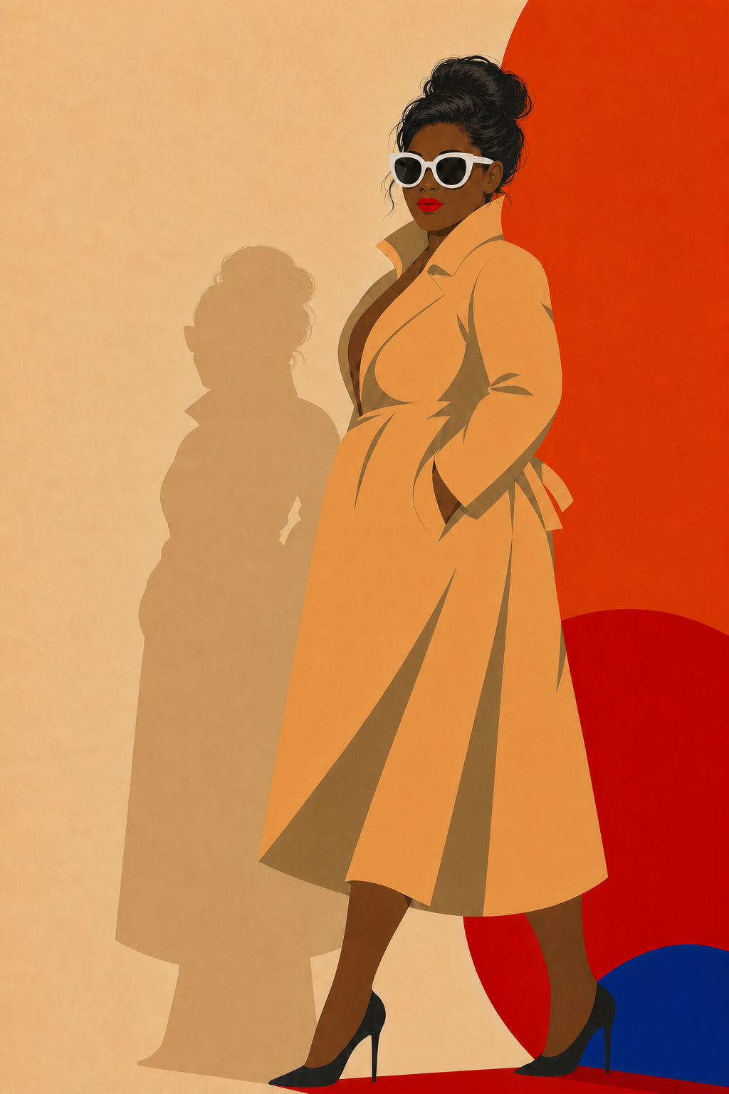 Silhouette artistique de Frederica, lunettes blanches et manteau beige