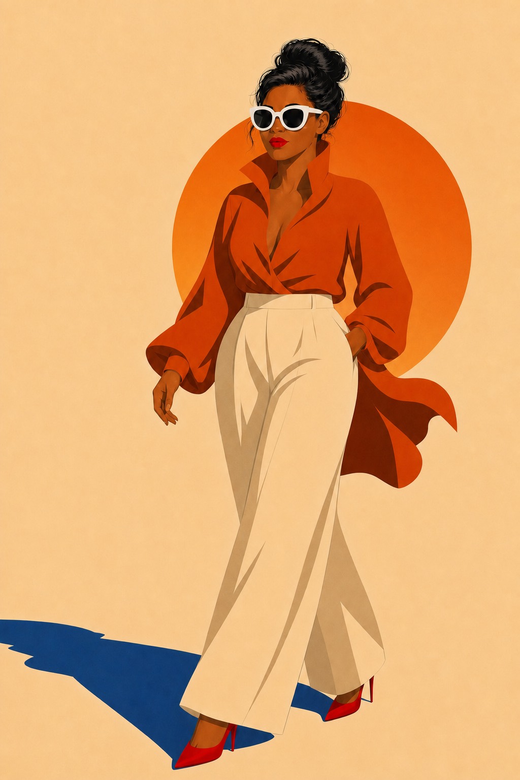 Frederica en chemise orange et pantalon blanc