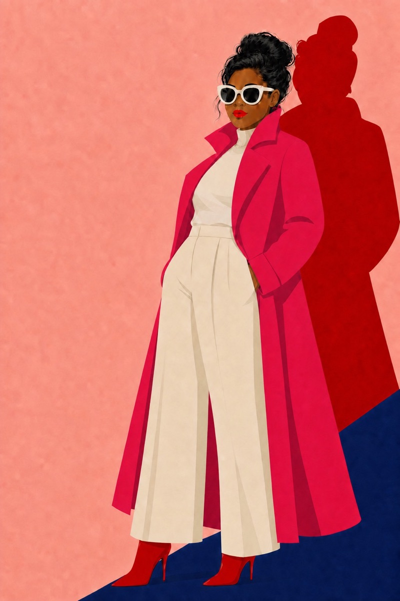 Frederica en tenue orange dans son univers graphique